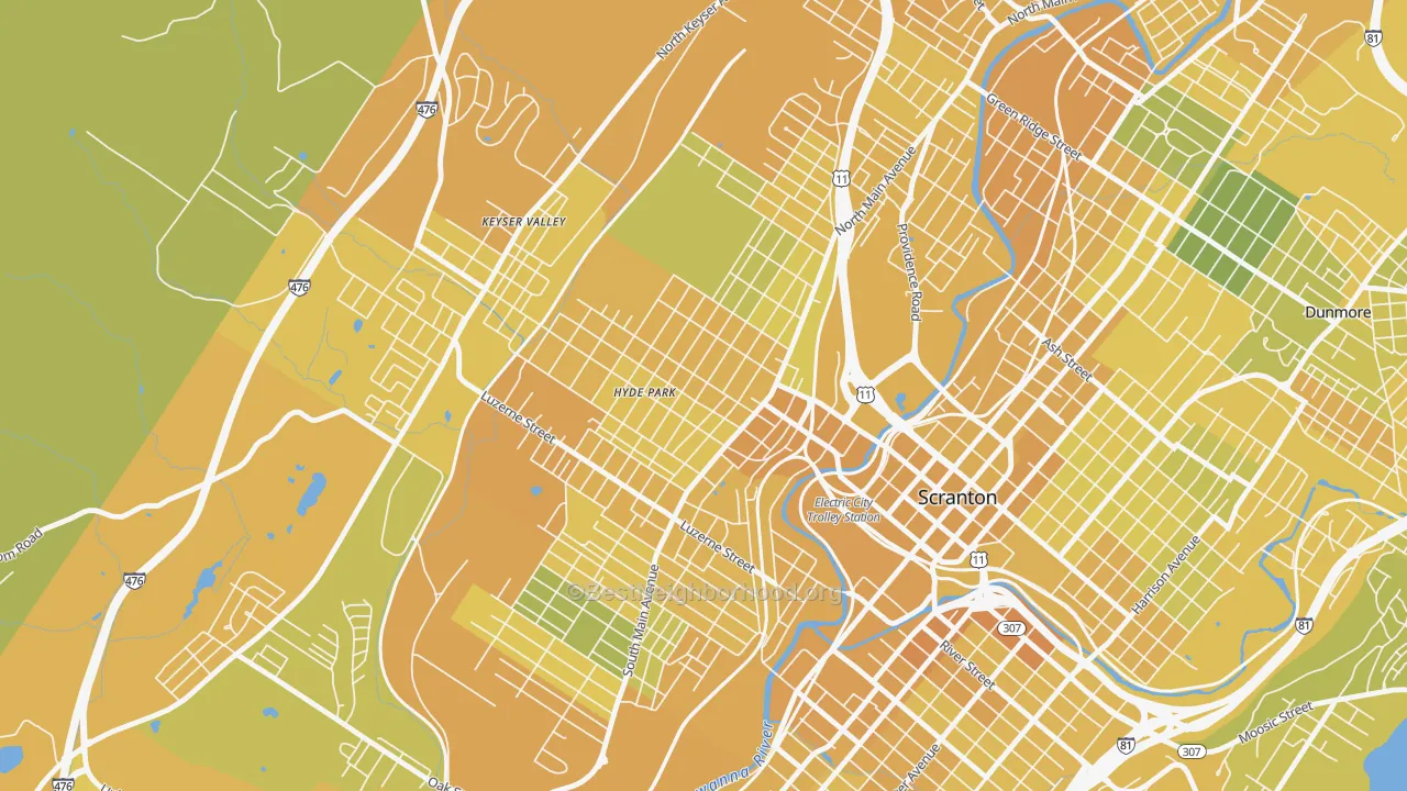 Map of the best neighborhoods in the West Side, Scranton area, with better matches in green and worse matches in red