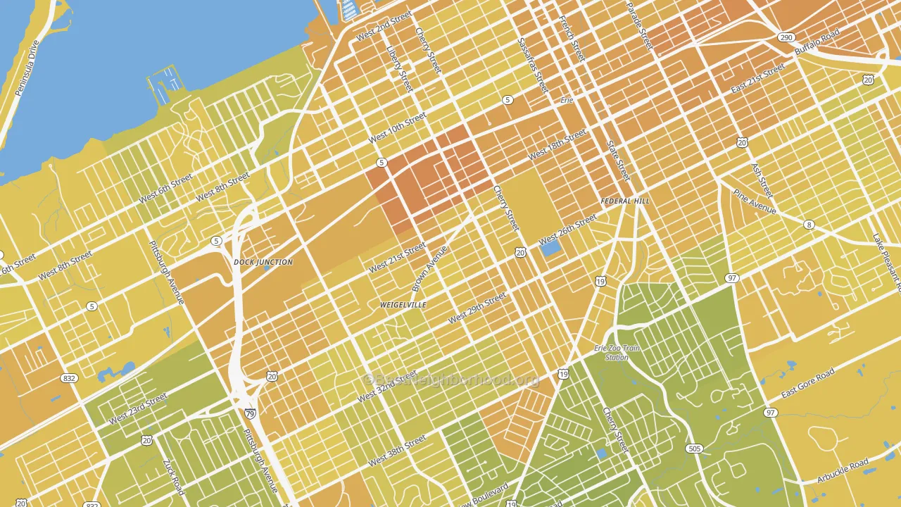 Map of the best neighborhoods in the West Side Squires, Erie area, with better matches in green and worse matches in red