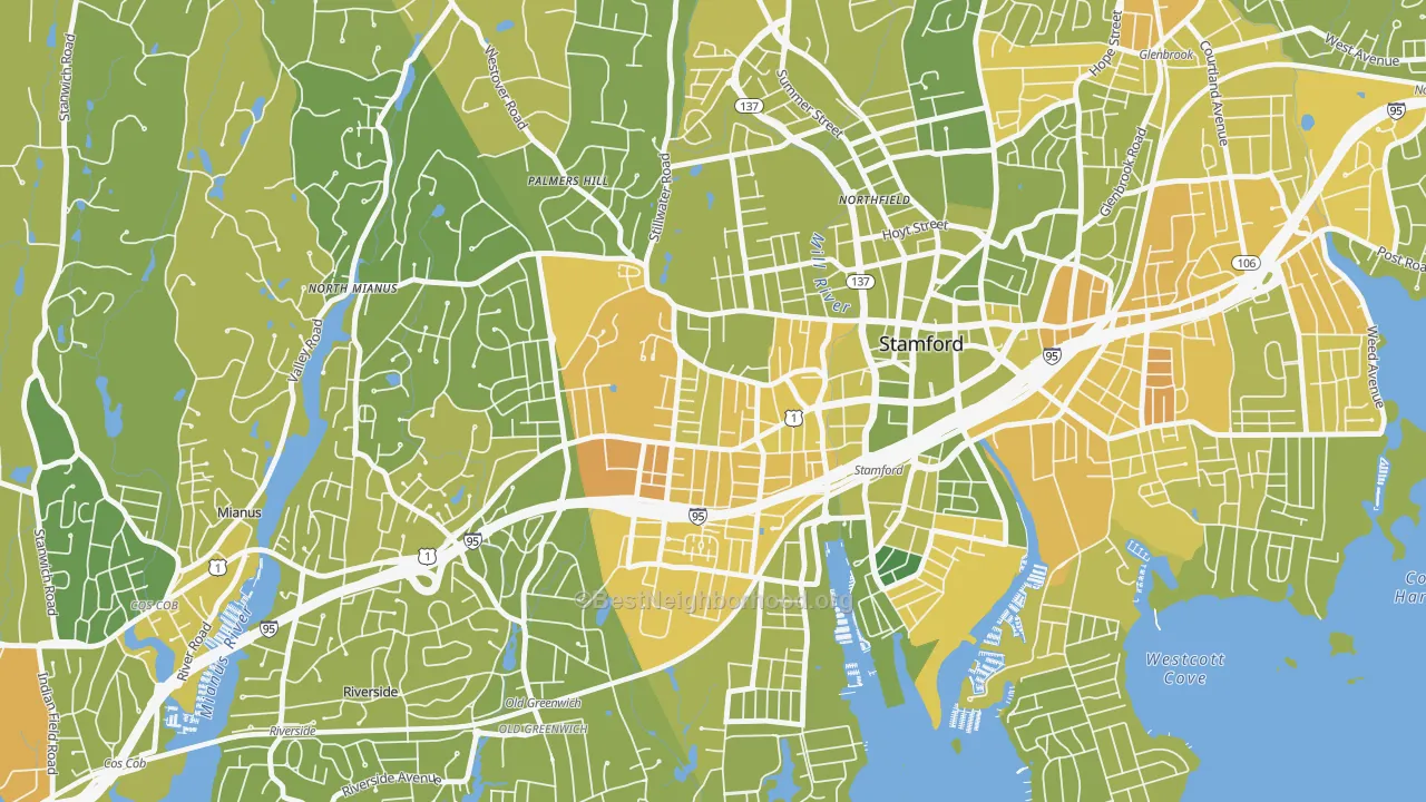 Map of the best neighborhoods in the West Side, Stamford area, with better matches in green and worse matches in red