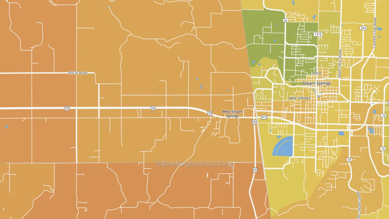 Map of the best neighborhoods in the West Siloam Springs area, with better matches in green and worse matches in red