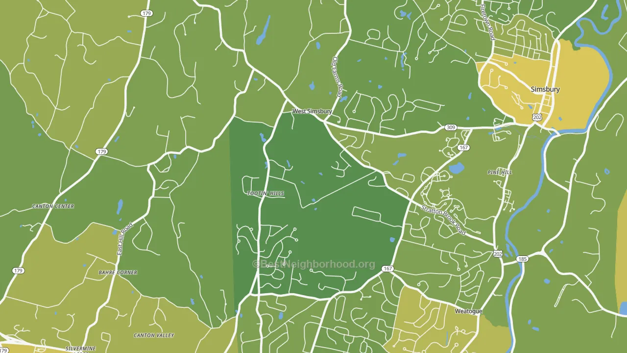 Map of the best neighborhoods in the West Simsbury area, with better matches in green and worse matches in red