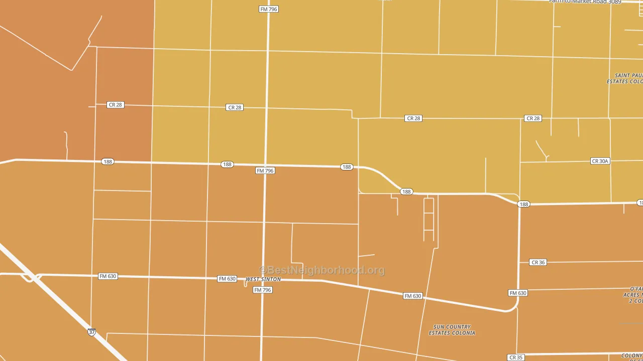 Map of the best neighborhoods in the West Sinton area, with better matches in green and worse matches in red