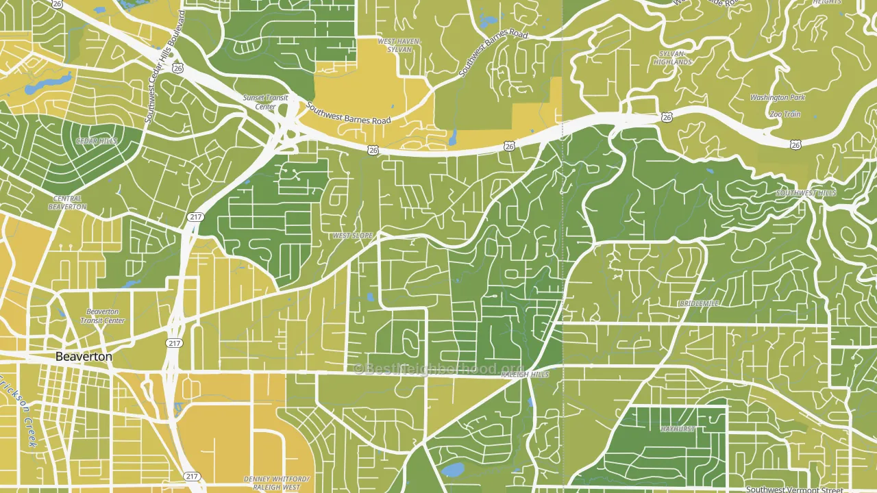 Map of the best neighborhoods in the West Slope, Beaverton area, with better matches in green and worse matches in red