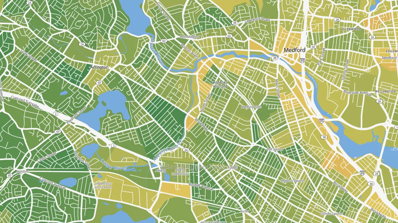 Map of the best neighborhoods in the West Somerville, Somerville area, with better matches in green and worse matches in red