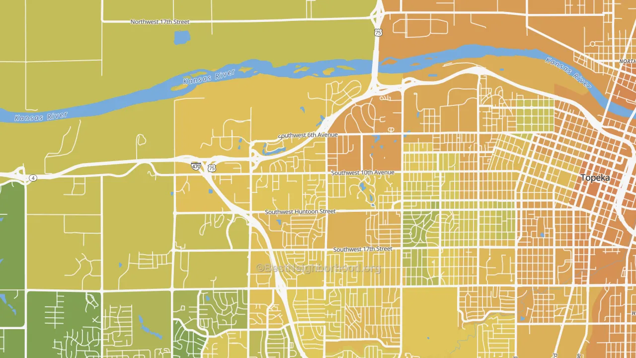 Map of the best neighborhoods in the West Southwest 2, Topeka area, with better matches in green and worse matches in red