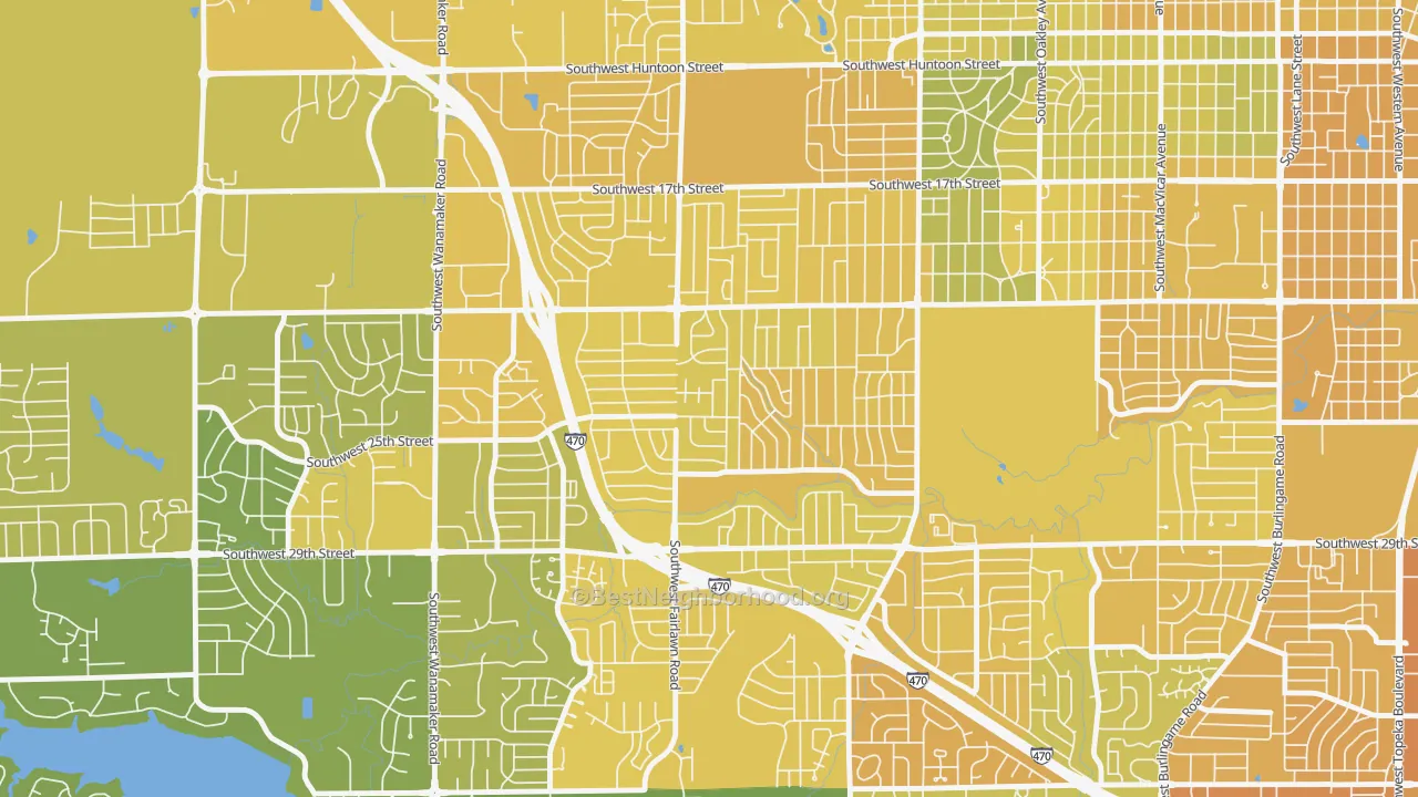 Map of the best neighborhoods in the West Southwest 3, Topeka area, with better matches in green and worse matches in red