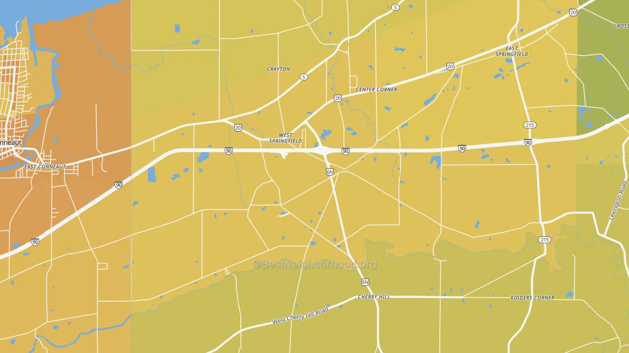 Map of the best neighborhoods in the West Springfield area, with better matches in green and worse matches in red