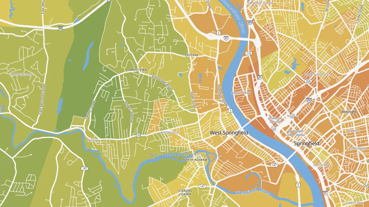 Map of the best neighborhoods in the West Springfield Town area, with better matches in green and worse matches in red