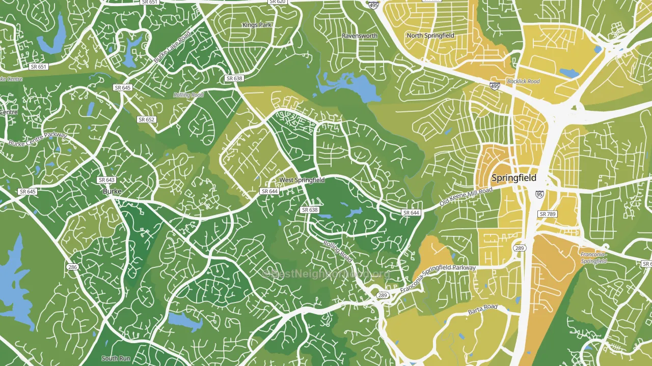 Map of the best neighborhoods in the West Springfield area, with better matches in green and worse matches in red