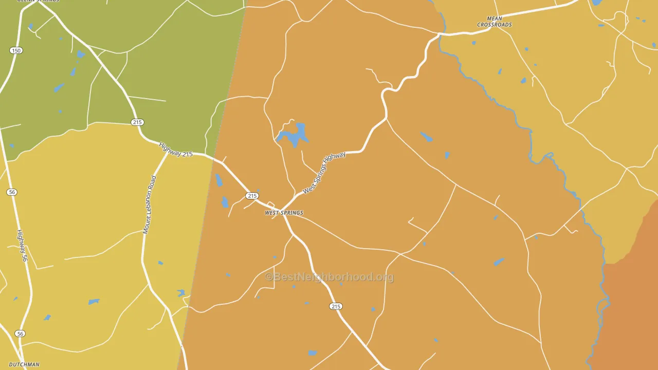Map of the best neighborhoods in the West Springs area, with better matches in green and worse matches in red
