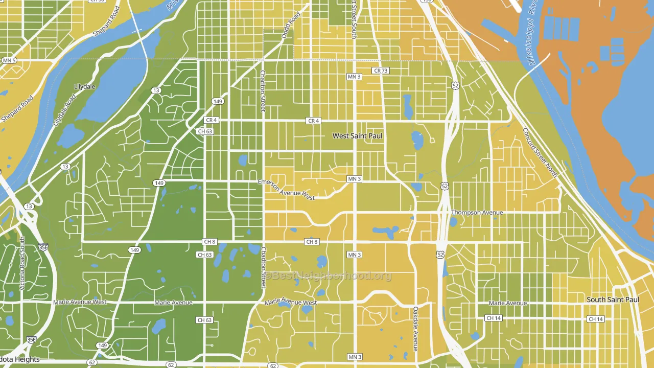 Map of the best neighborhoods in the West St. Paul area, with better matches in green and worse matches in red