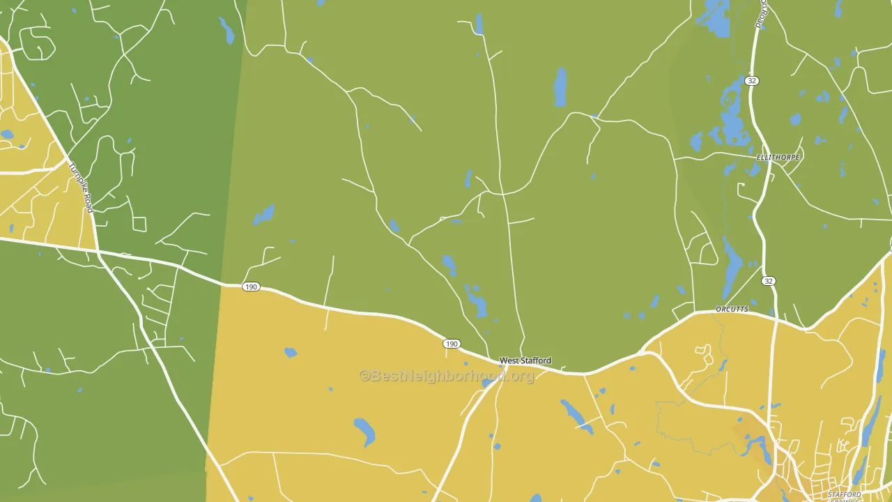 Map of the best neighborhoods in the West Stafford area, with better matches in green and worse matches in red