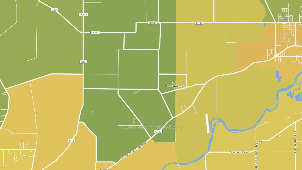 Map of the best neighborhoods in the West Stayton area, with better matches in green and worse matches in red