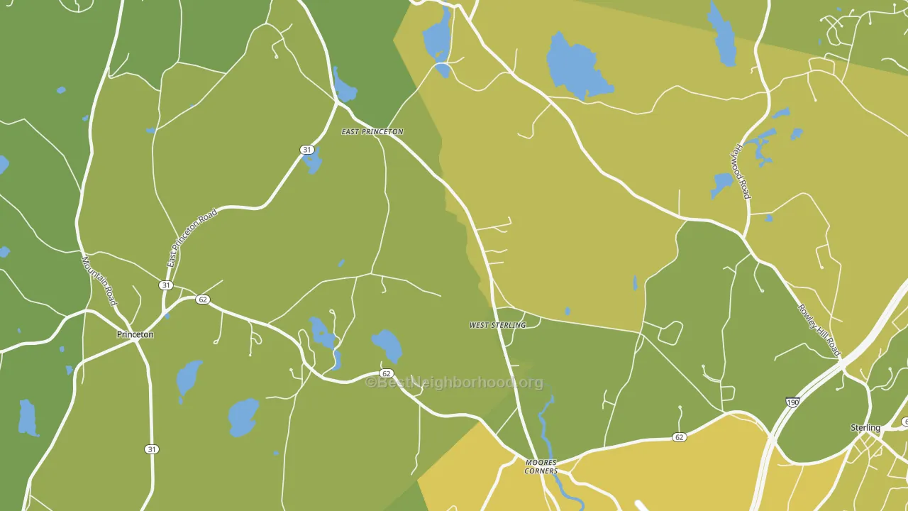 Map of the best neighborhoods in the West Sterling area, with better matches in green and worse matches in red