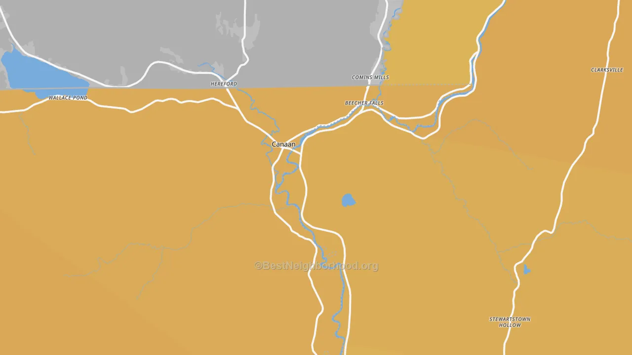 Map of the best neighborhoods in the West Stewartstown area, with better matches in green and worse matches in red