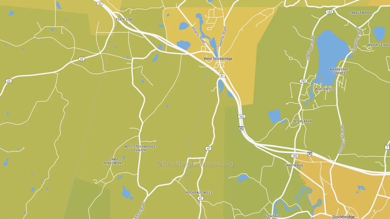 Map of the best neighborhoods in the West Stockbridge area, with better matches in green and worse matches in red