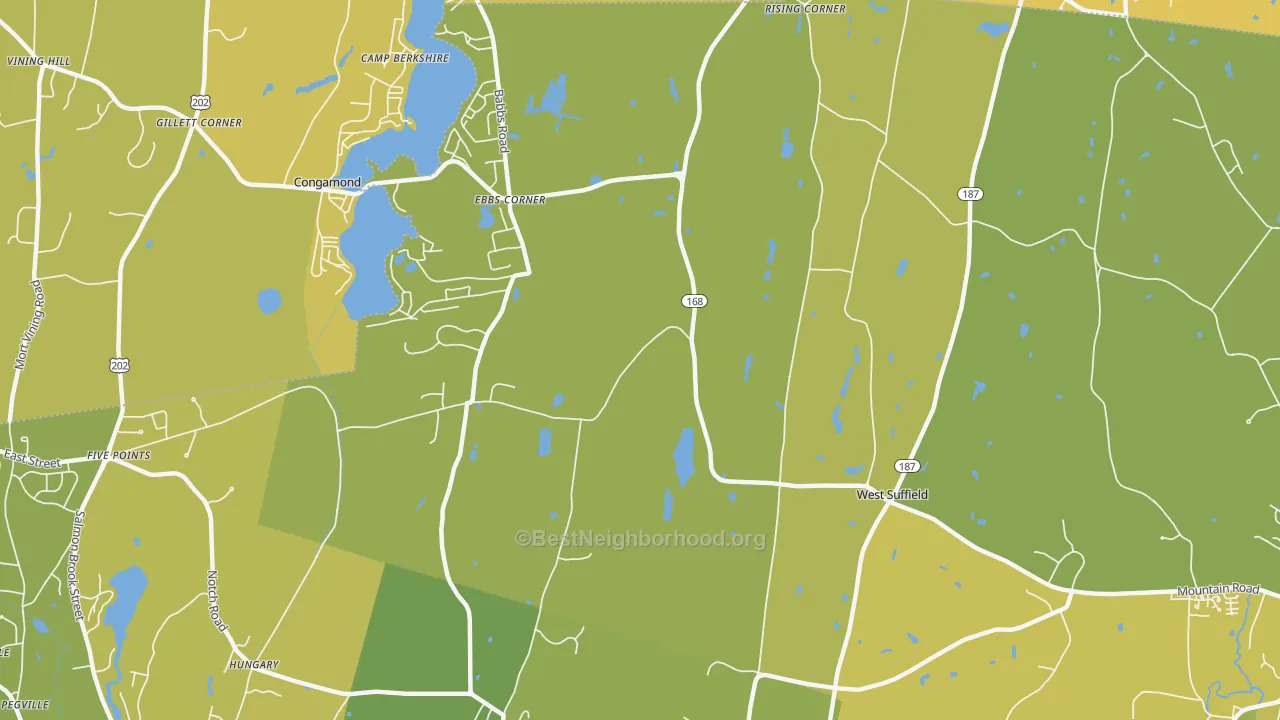 Map of the best neighborhoods in the West Suffield area, with better matches in green and worse matches in red