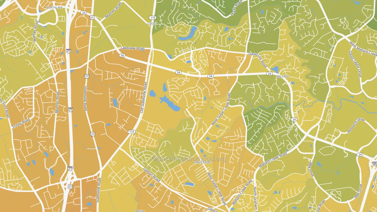 Map of the best neighborhoods in the West Sugar Creek, Charlotte area, with better matches in green and worse matches in red