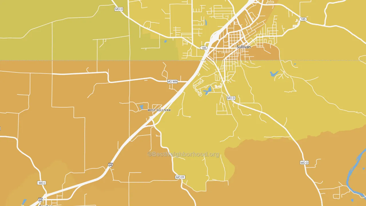 Map of the best neighborhoods in the West Sullivan area, with better matches in green and worse matches in red