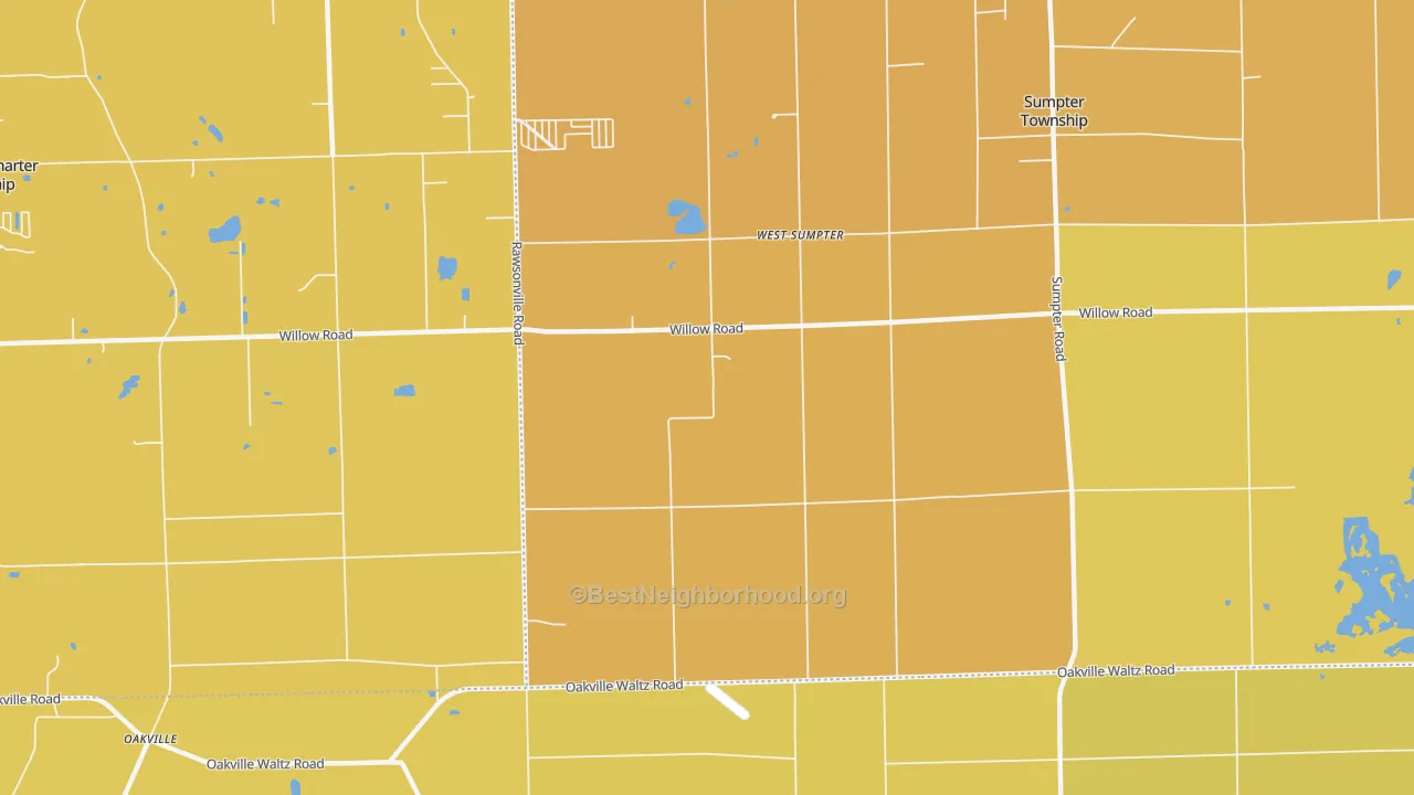 Map of the best neighborhoods in the West Sumpter area, with better matches in green and worse matches in red