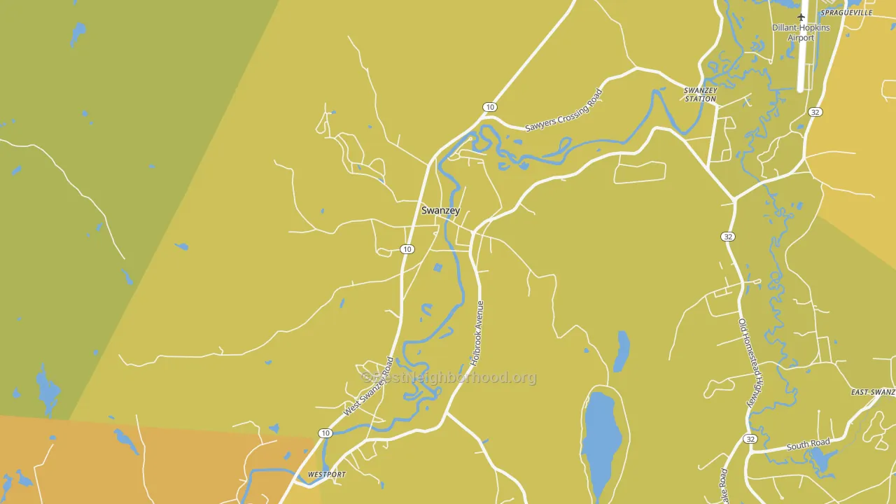 Map of the best neighborhoods in the West Swanzey area, with better matches in green and worse matches in red