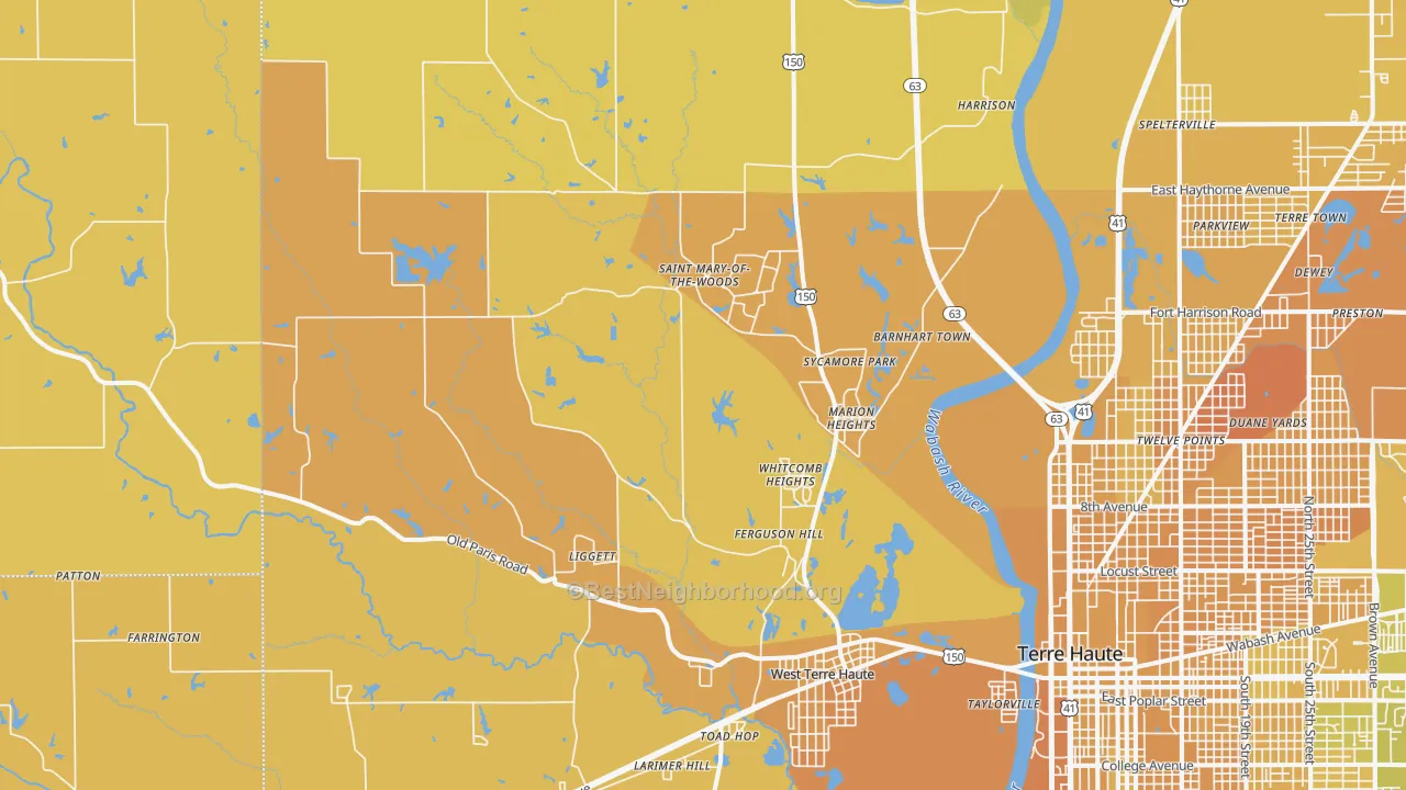 Map of the best neighborhoods in the West Terre Haute area, with better matches in green and worse matches in red