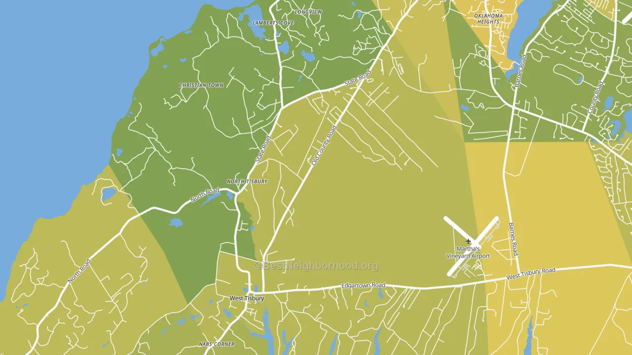 Map of the best neighborhoods in the West Tisbury area, with better matches in green and worse matches in red