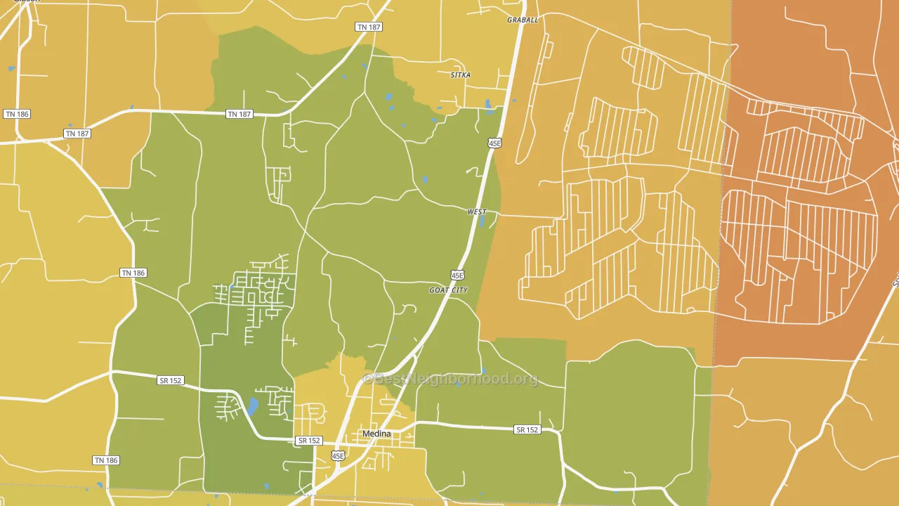 Map of the best neighborhoods in the West area, with better matches in green and worse matches in red