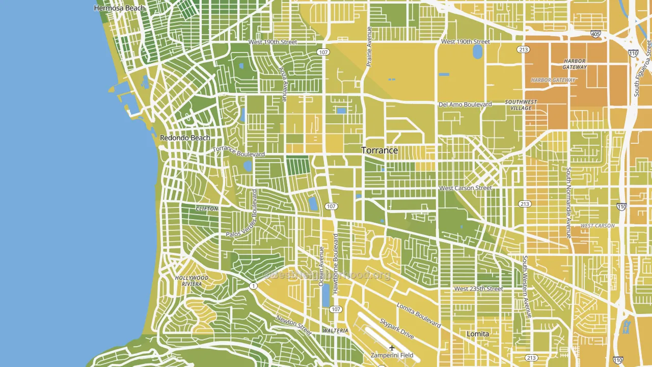 Map of the best neighborhoods in the West Torrance, Torrance area, with better matches in green and worse matches in red