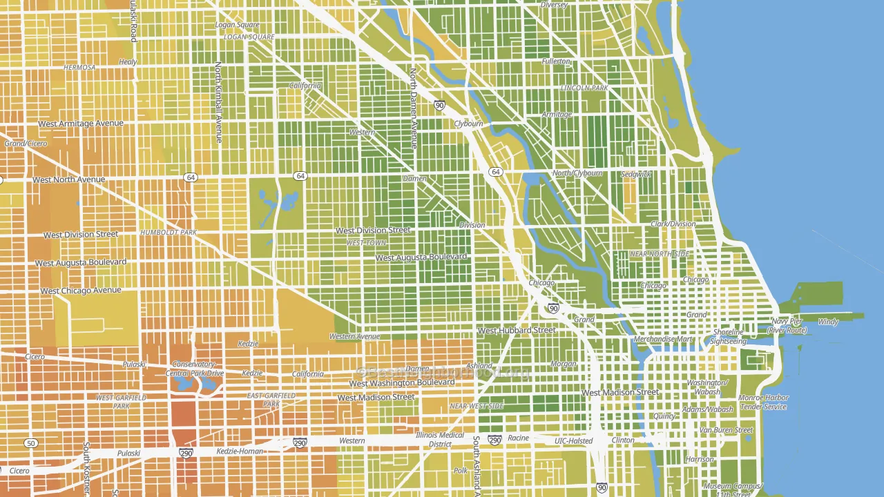 Map of the best neighborhoods in the West Town, Chicago area, with better matches in green and worse matches in red