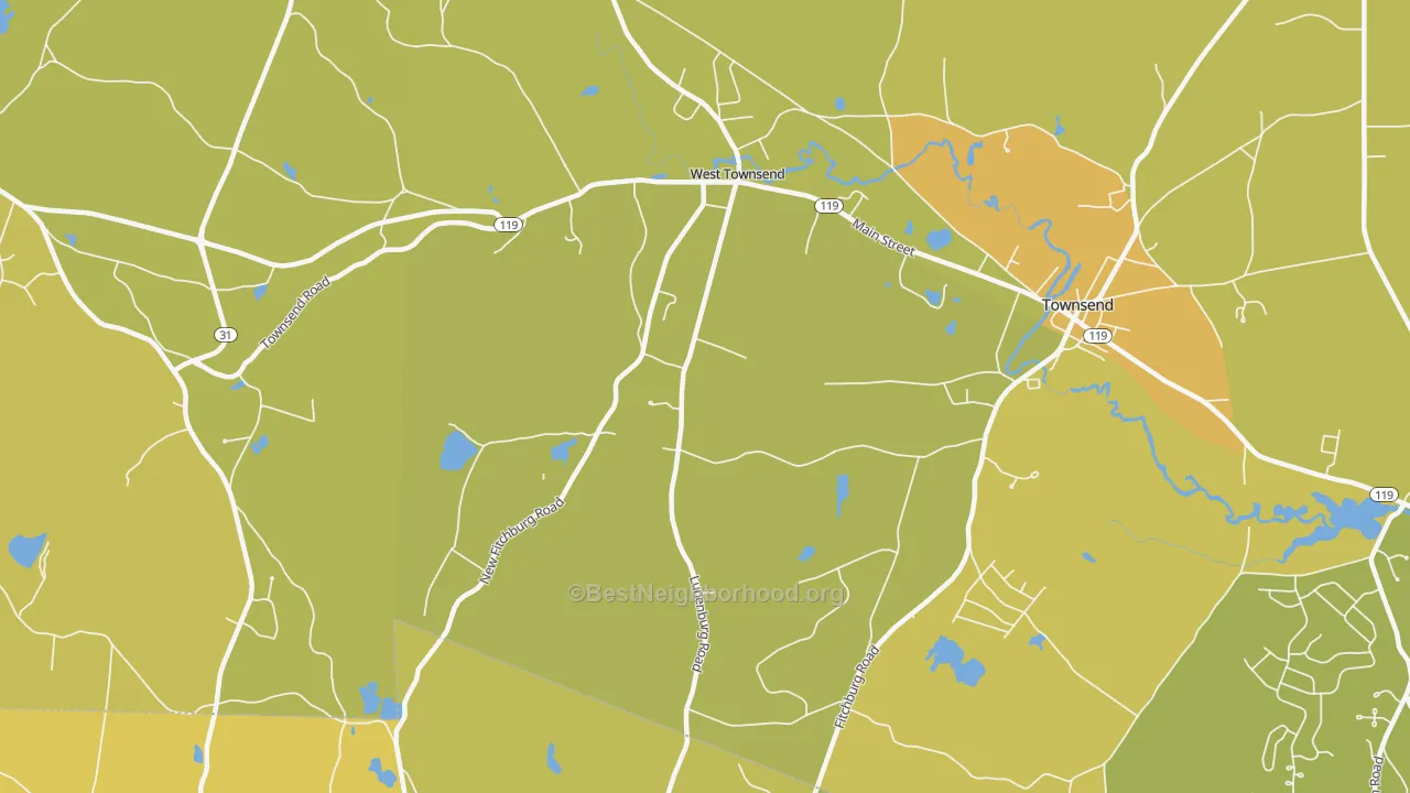 Map of the best neighborhoods in the West Townsend area, with better matches in green and worse matches in red
