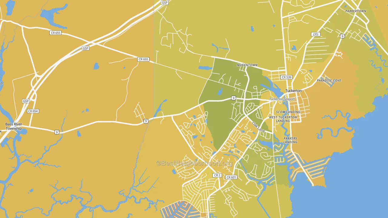 Map of the best neighborhoods in the West Tuckerton area, with better matches in green and worse matches in red