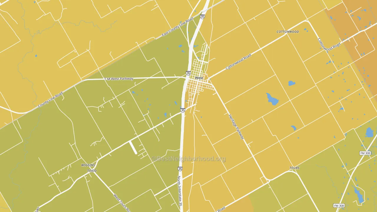 Map of the best neighborhoods in the West area, with better matches in green and worse matches in red