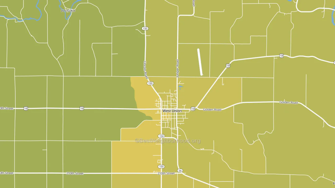 Map of the best neighborhoods in the West Union area, with better matches in green and worse matches in red