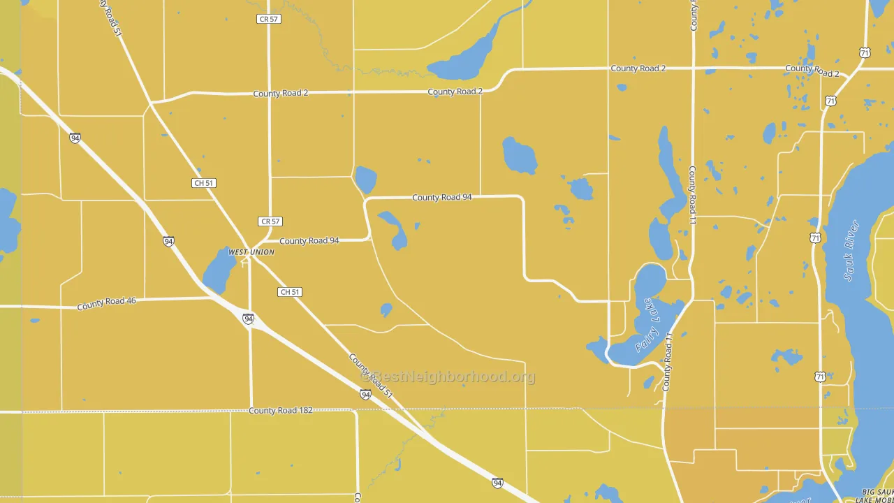 Map of the best neighborhoods in the West Union area, with better matches in green and worse matches in red