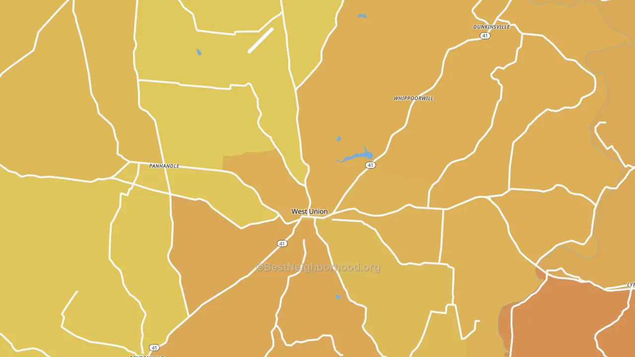 Map of the best neighborhoods in the West Union area, with better matches in green and worse matches in red
