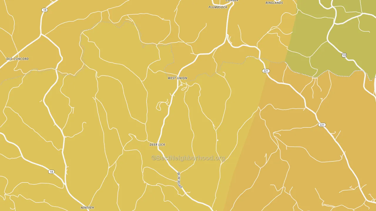 Map of the best neighborhoods in the West Union area, with better matches in green and worse matches in red