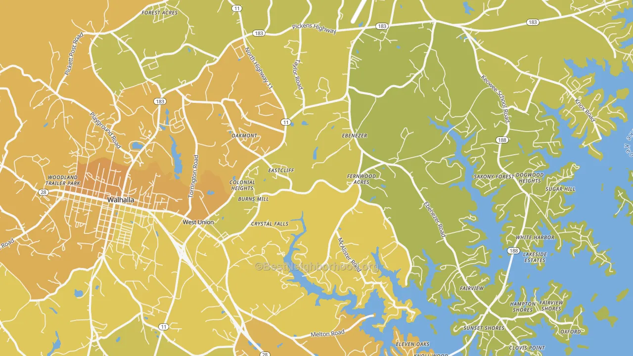 Map of the best neighborhoods in the West Union area, with better matches in green and worse matches in red