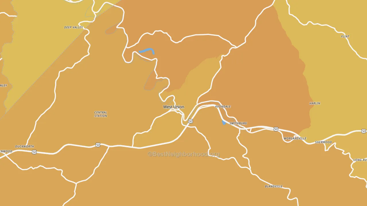 Map of the best neighborhoods in the West Union area, with better matches in green and worse matches in red