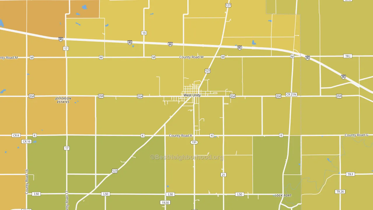 Map of the best neighborhoods in the West Unity area, with better matches in green and worse matches in red