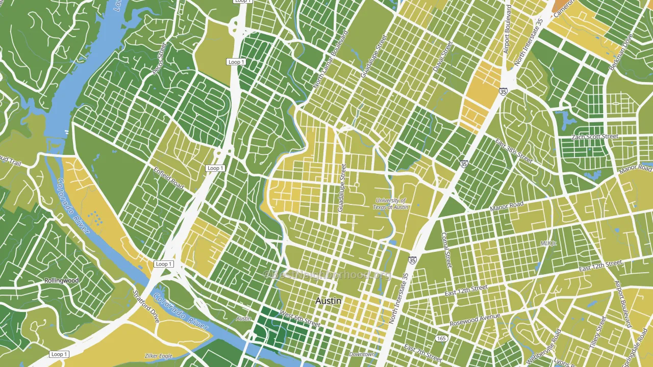 Map of the best neighborhoods in the West University Austin, Austin area, with better matches in green and worse matches in red