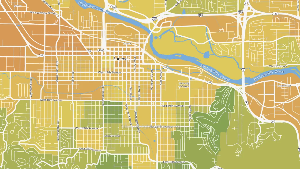 Map of the best neighborhoods in the West University, Eugene area, with better matches in green and worse matches in red