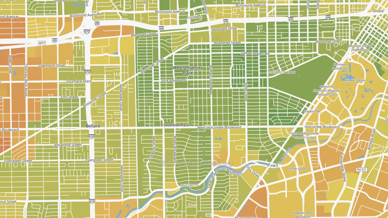 Map of the best neighborhoods in the West University, Houston area, with better matches in green and worse matches in red