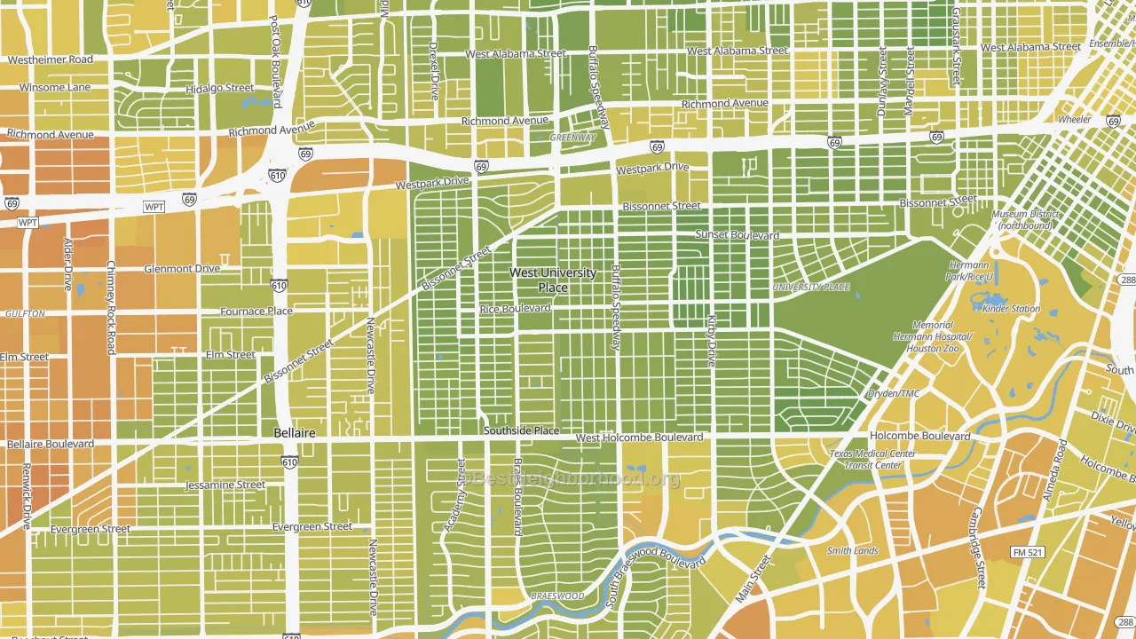 Map of the best neighborhoods in the West University Place area, with better matches in green and worse matches in red