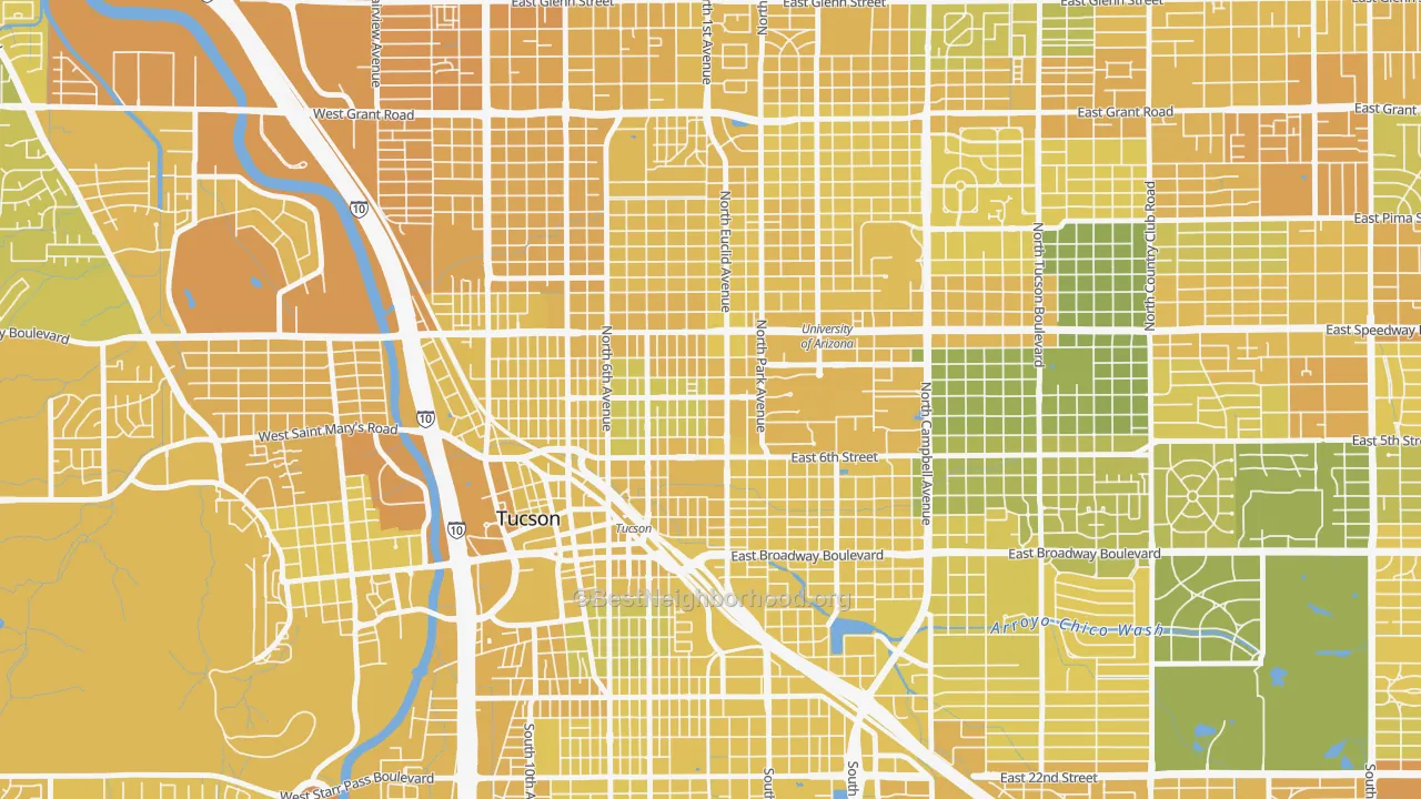 Map of the best neighborhoods in the West University, Tucson area, with better matches in green and worse matches in red