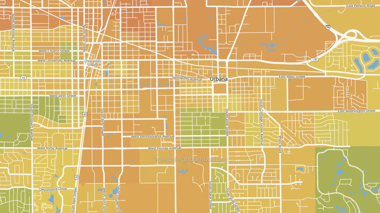 Map of the best neighborhoods in the West Urbana, Urbana area, with better matches in green and worse matches in red