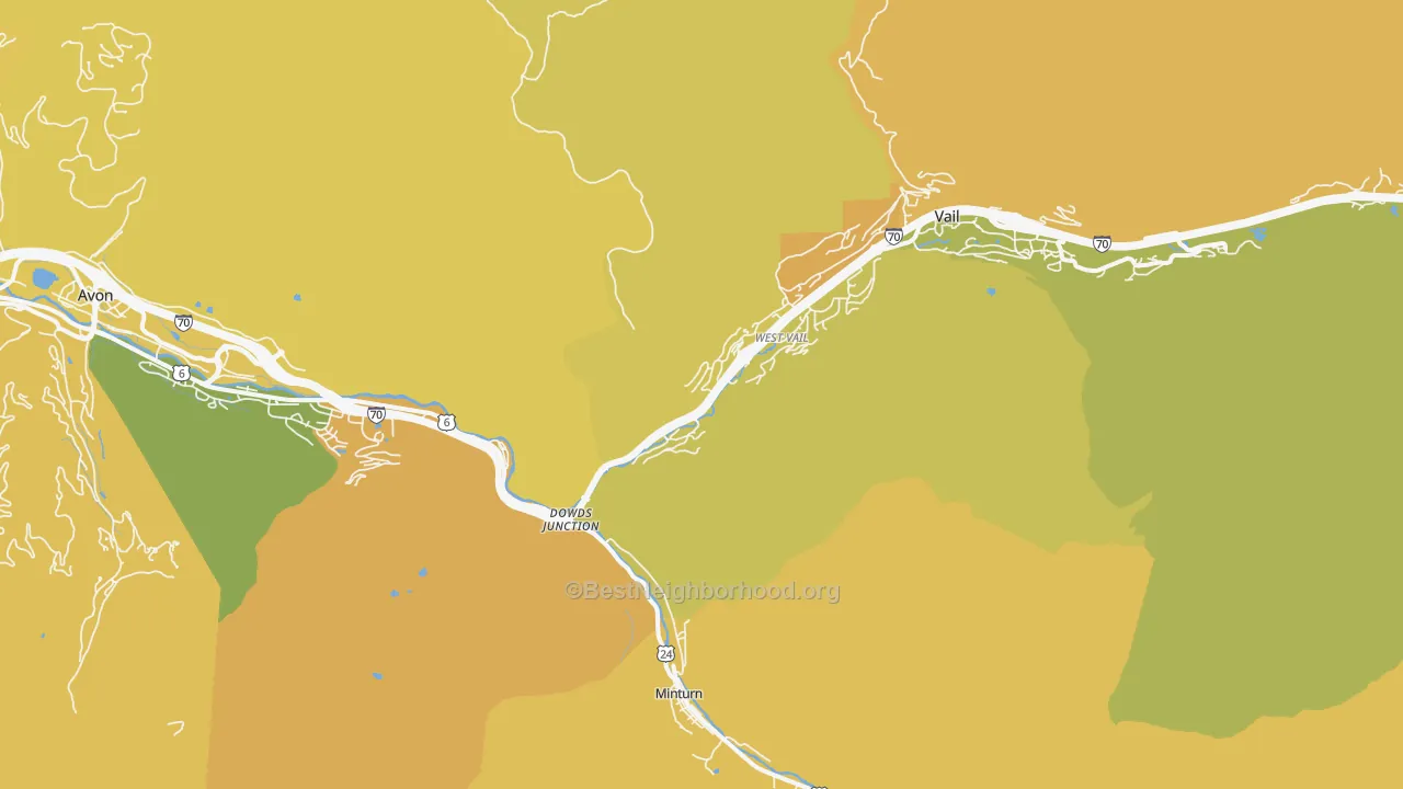 Map of the best neighborhoods in the West Vail area, with better matches in green and worse matches in red