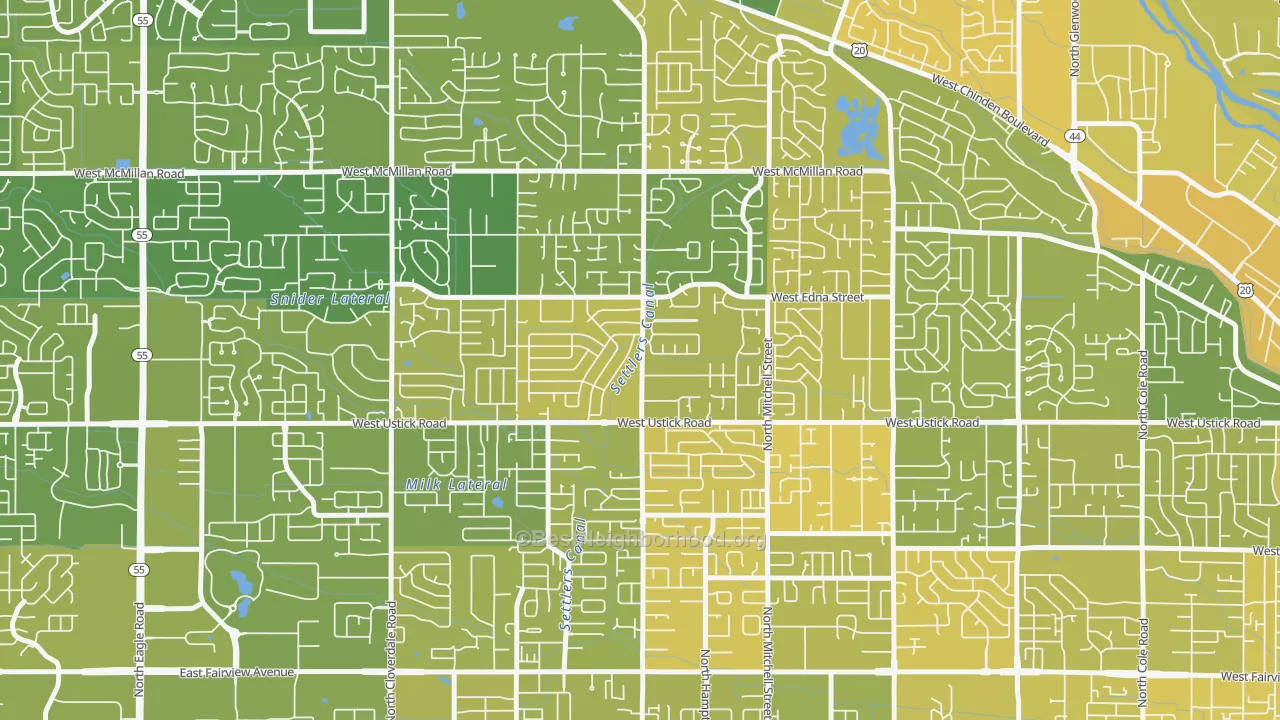 Map of the best neighborhoods in the West Valley, Boise area, with better matches in green and worse matches in red