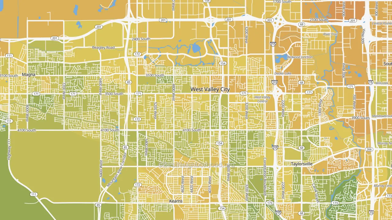 Map of the best neighborhoods in the West Valley City area, with better matches in green and worse matches in red