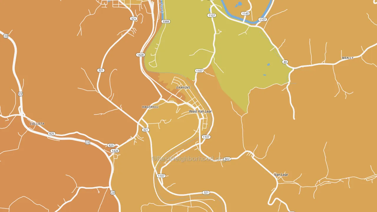 Map of the best neighborhoods in the West Van Lear area, with better matches in green and worse matches in red